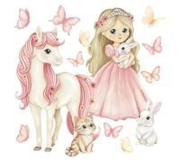 Wally Fox adesivi murali principessa e cavallino rosa dimensione 15-72,5 cm | Set con 14 elementi: principessa, cavallino e farfalle, per decorare la cameretta di bambine e bambini.