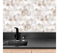 Walplus - Adesivo per piastrelle da parete, 28,5 x 14 cm, 24 pezzi, in pietra beige, con esacube, adesivo per piastrelle da parete, per cucina, bagno, piastrelle