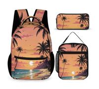 WANAHTON Borsa grande per la scuola per adolescenti, 3 pezzi, con motivo tramonto spiaggia, grande capacità, con borsa per il pranzo al sacco e custodia per matite, Colore 2, tempo libero