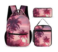 WANAHTON Borsa grande per la scuola per adolescenti, 3 pezzi, con motivo tramonto spiaggia, grande capacità, con borsa per il pranzo al sacco e custodia per matite, Colore 1, tempo libero