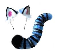 WANAHTON Derpy Tiger Cosplay Ear and Tail Set - Blue Black Faux Fur Striped Cat Tail with Paws, Kpop Demon Hunter Accessories, Anime Cosplay Kit