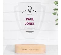 Wanapix | Coppa Trofeo Personalizzabile con Nome | Trofeo Sportivo | Coppa Personalizzata | Plexiglass | Base in Legno Naturale Inciso | Coppa del Mondo