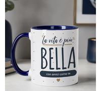 Wanapix | Tazza in Ceramica La Vita è piè Bella con Amici come Te | Adatta al Microonde e alla Lavastoviglie | 325 ml | Manico e Interno di Colore Blu Scuro