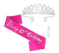 Wanciler Decorazioni per il 10° compleanno per ragazze, set di diadema e fascia di compleanno, diadema argento lucido, corona e fascia rosa, Happy 10th Birthday Party Supplies