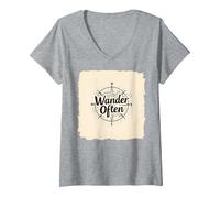 Wander Spesso: Design avventuroso della Bussola per i viaggiatori Maglietta con Collo a V, Donna, Grigio Melange, M