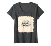 Wander Spesso: Design avventuroso della Bussola per i viaggiatori Maglietta con Collo a V, Donna, Grigio Scuro, M