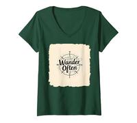 Wander Spesso: Design avventuroso della Bussola per i viaggiatori Maglietta con Collo a V, Donna, Verde Foresta, XL