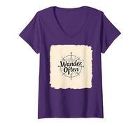 Wander Spesso: Design avventuroso della Bussola per i viaggiatori Maglietta con Collo a V, Donna, Viola, L