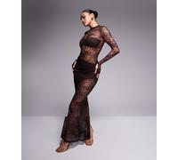 Wanderdoll - Britney - Completo color cioccolato con gonna lunga e body accollato nero in pizzo con dettaglio drappeggiato-Marrone M
