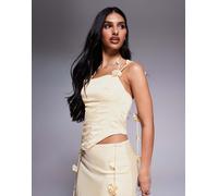 Wanderdoll - Esmerelda - Corsetto premium in raso giallo limone allacciato al collo con dettagli floreali in coordinato XL