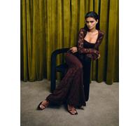 Wanderdoll - Juliette - Vestito lungo in pizzo color cioccolato a corsetto con scollo squadrato e maniche allacciate con fiocco-Marrone XL