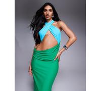 Wanderdoll - Maddison - Vestito lungo sinuoso allacciato al collo con incrocio sul davanti, cut-out e drappeggio laterale verde acqua e blu-Multicolore L