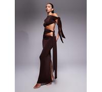 Wanderdoll - Noa - Gonna lunga premium testurizzata color espresso sinuosa con allacciatura drappeggiata laterale in coordinato-Marrone XL