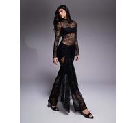 Wanderdoll - Roxy - Tuta jumpsuit accollata a fondo ampio nera in pizzo trasparente con drappeggio in vita-Nero M