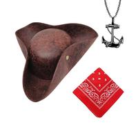 WanderGo Cappello da pirata marrone con sciarpa rossa e collana con ancora nera per adulti, accessori per costume da pirata per uomini e donne, cappello tricorno, feste di Halloween, cosplay e giochi