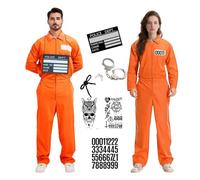 WanderGo Costume da detenuto da uomo e donna, tuta arancione da prigioniero, tuta 7 pezzi con manette, targhetta per il nome, tatuaggi per adulti, Halloween, carnevale