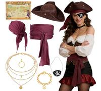 WanderGo Costume da pirata, 8 pezzi, costume da pirata, cappello da pirata, benda per gli occhi, collana, orecchini, braccialetto, sciarpa in vita, foulard e mappa del tesoro, per Halloween, cosplay