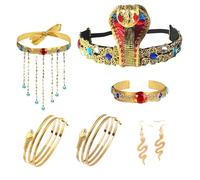 WanderGo Costume egiziano da 7 pezzi, include una fascia per capelli a serpente, polsini a serpente, braccialetto a serpente, braccialetto con pietre preziose e un paio di orecchini, per vestirsi per