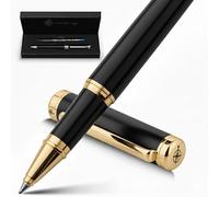 WANDERINGS Penna Roller Premium con Inchiostro Tedesco - ’Eccellente Esperienza di Scrittura, Nero Placcato Oro 24K - Nero Piano - Include una Ricarica Schmidt in un Astuccio Regalo