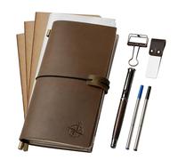 WANDERINGS Regular Size Travelers Notebook/Handcrafted Genuine Leather Journal - 4,5" x8,5/11,5cm x 22cm - Includes a Pen Holder with a Pen and 2 extra Ink Refills, a PVC Folder, and a Binder Clip