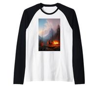 Wanderlust: Una Notte Accogliente Vicino al Fuoco Digitale AI Art Maglia con Maniche Raglan