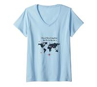 Wanderlust World Map Travel Bucket List Adventure Citazione Maglietta con Collo a V, Donna, Celeste, XL