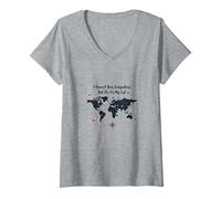 Wanderlust World Map Travel Bucket List Adventure Citazione Maglietta con Collo a V, Donna, Grigio Melange, XXL