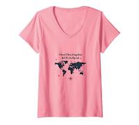 Wanderlust World Map Travel Bucket List Adventure Citazione Maglietta con Collo a V, Donna, Rosa, S
