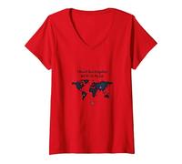 Wanderlust World Map Travel Bucket List Adventure Citazione Maglietta con Collo a V, Donna, Rosso, S