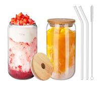 WANDGU Bicchieri da tè a bolle da 500 ml, 2 pezzi, Mason Jar, con cannuccia e coperchio antimuffa, in bambù, riutilizzabili, per caffè ghiacciato Iced Coffee Birra, Smoothie Cocktails Bubble Tea