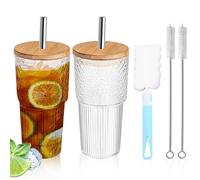WANDGU Bicchieri in vetro con coperchio e cannuccia: 2 pezzi da 700 ml in vetro per frullati con cannuccia, set di bicchieri da long drink, bicchieri da conserve per caffè freddo, frullati (con 2