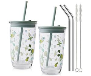 WANDGU Bicchieri in vetro con coperchio e cannuccia: set da 2 tazze da caffè ermetiche e impermeabili, con 2 cannucce + spazzola, lavabili in lavastoviglie, per cappuccino, latte, tè (verde)