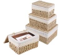 WANDGU Cesto portaoggetti con coperchio: 3 pezzi cesti intrecciati in corda di carta boho-Decor cestini con fodera per la cameretta dei bambini, cucine, cesti da bagno