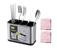 WANDGU Portaposate 4 scomparti per cucina: contenitore per utensili da cucina con 2 panni per la pulizia, cestino per posate in acciaio inox, porta utensili da cucina, organizer per posate per riporre