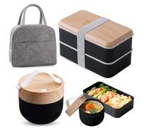 WANDGU Scatola per bento giapponese 1400 ml: scatola per bento per adulti con ciotola per zuppa e borsa isotermica, contenitore per il pranzo con scomparti, impilabile, per adulti e bambini, per