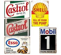WANDGU Set di 5 targhe in metallo retrò per auto: poster olio motore, targa in metallo a benzina, targa vintage in ferro, 20 x 30 cm, stazione di benzina d'epoca, decorazione per officina, garage