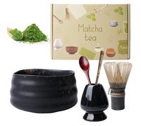 WANDGU Set manuale per matcha, frusta in bambù, 2 cucchiai Matcha, supporto per frusta in ceramica e contenitore per polveri, set da 5 pezzi, colore nero