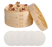WANDGU - Vaporiera in bambù a 2 livelli: vaporiera in bambù da 21 cm di diametro con coperchio e 5 tappetini antiaderenti, per riso, dim sum, verdure, pesce e ravioli di carne