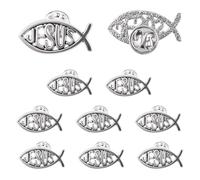 WANDIC 10 spille a forma di pesce di Gesù, in metallo cavo, argento, per gioielli cristiani, per Pasqua, Eid, Mubarak, Ramadan, cappotto, camicia, vestito, accessori