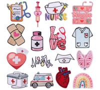 WANDIC 16 toppe adesive ricamate a tema infermieristico, a forma di pillola, cuore, medico, termoadesive, per vestiti e accessori, decorazione