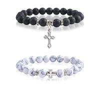 WANDIC 2 Braccialetti con Perline a Croce, Braccialetti Elasticizzati per Meditazione e Preghiera, Braccialetti Religiosi Cavi in Pietra vulcanica, Braccialetti con Perline di Gesù