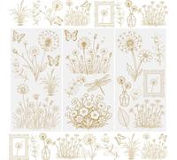 WANDIC 3 fogli adesivi trasferibili da strofinare, fiori dorati, decalcomanie impermeabili per mobili, artigianato, diari spazzatura, per fai da te, scrapbooking, 15 x 30 cm
