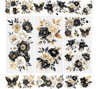 WANDIC 3 Fogli Adesivi trasferibili da strofinare, Motivo Floreale Nero e Oro, Impermeabili, Decorazioni per mobili, diari Spazzatura per Fai da Te, Scrapbooking, 15 x 30 cm