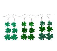 WANDIC 3 paia di orecchini lunghi a forma di trifoglio, in acrilico verde glitterato, accessori per San Patrizio da donna
