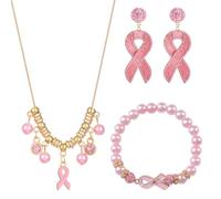 WANDIC 3 PCS Rosa Ottobre Bracciale Regolabile Nastro Rosa Consapevolezza Del Cancro Al Seno Strass Orecchini Collana Gioielli per Le Donne Supporto