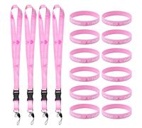 WANDIC 4 cordini da collo con nastro rosa e 12 braccialetti in silicone rosa con nastro per sensibilizzazione sul cancro al seno, cordino porta badge per portachiavi, badge identificativo