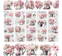 WANDIC 5 fogli di adesivi da strofinare, decalcomanie vintage a forma di peonia retrò rosa fiore parole adesivi per fai da te, album fotografici, mobili, 30 x 9,9 cm
