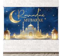 WANDIC Blu e oro Eid al-Fitr Portico Banner Sfondo 90x150cm Decorazioni Ramadan con Motivo Castello Luna Blu per Interni ed Esterni Celebrazioni