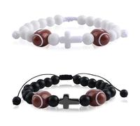 WANDIC Braccialetto con perline incrociate, braccialetto cristiano elastico nero bianco regolabile croce Gesù braccialetto per donne uomini gioielli regali, 2PCS, Pietra