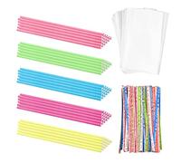 WANDIC Lollipop - Kit per torte, 100 bastoncini di carta colorati e 100 sacchetti trasparenti per caramelle e 100 bastoncini per torte e confezioni per lecca-lecca, cioccolato, biscotti, dessert